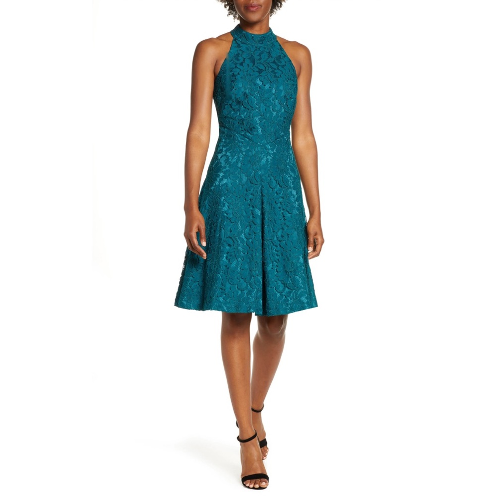 Eliza J Teal Halter Fit and Flare Lace Dress